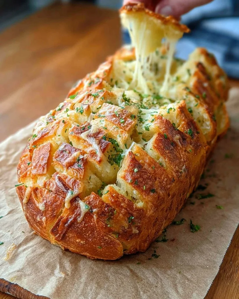 Cheese garlic bread pull apart loaf, gooey cheese and garlic in every bite