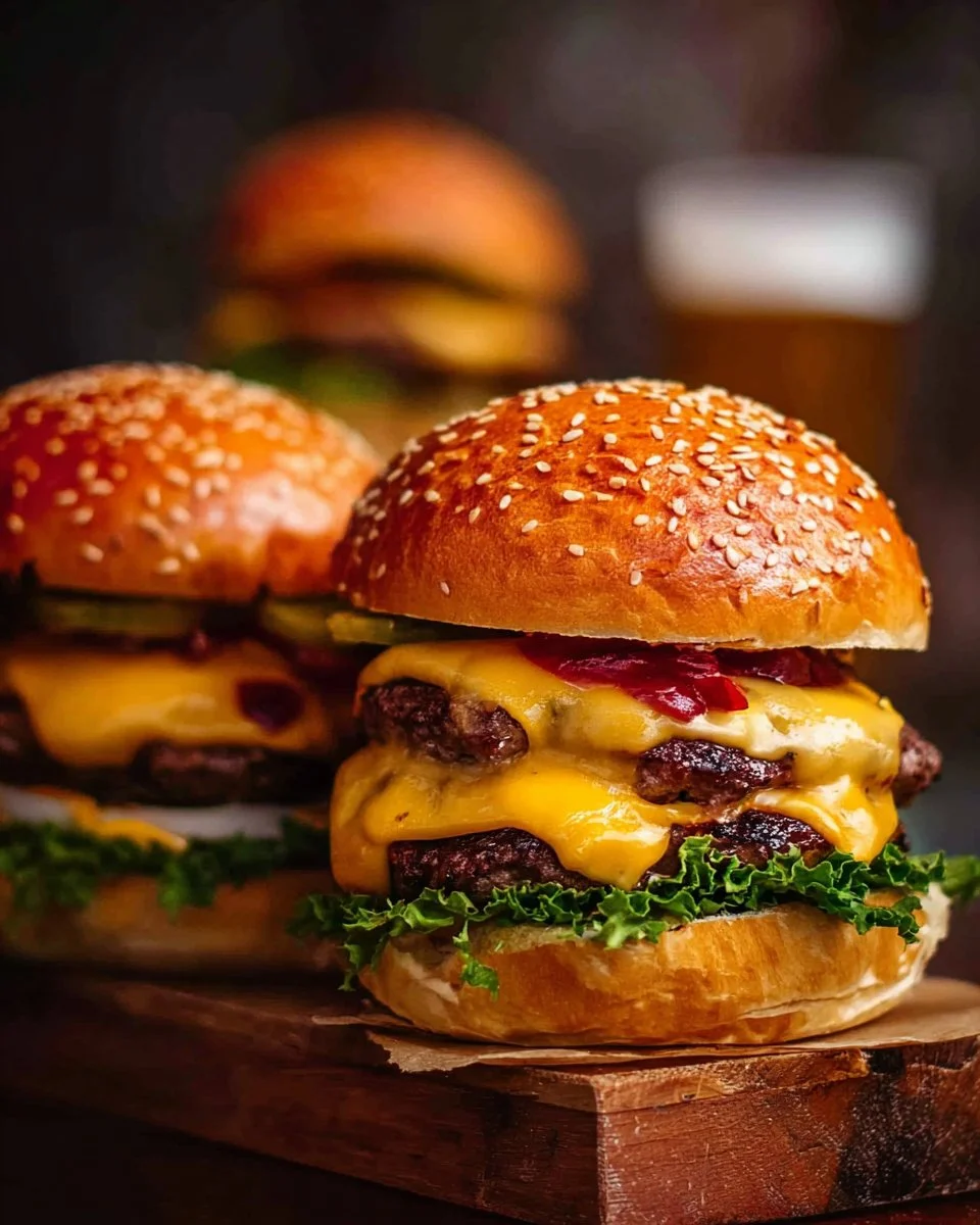 Delicious cheeseburgers with fresh toppings on a grill
