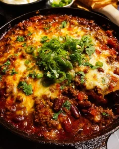 Cheesy baked Mexican beef and beans dish served in a casserole