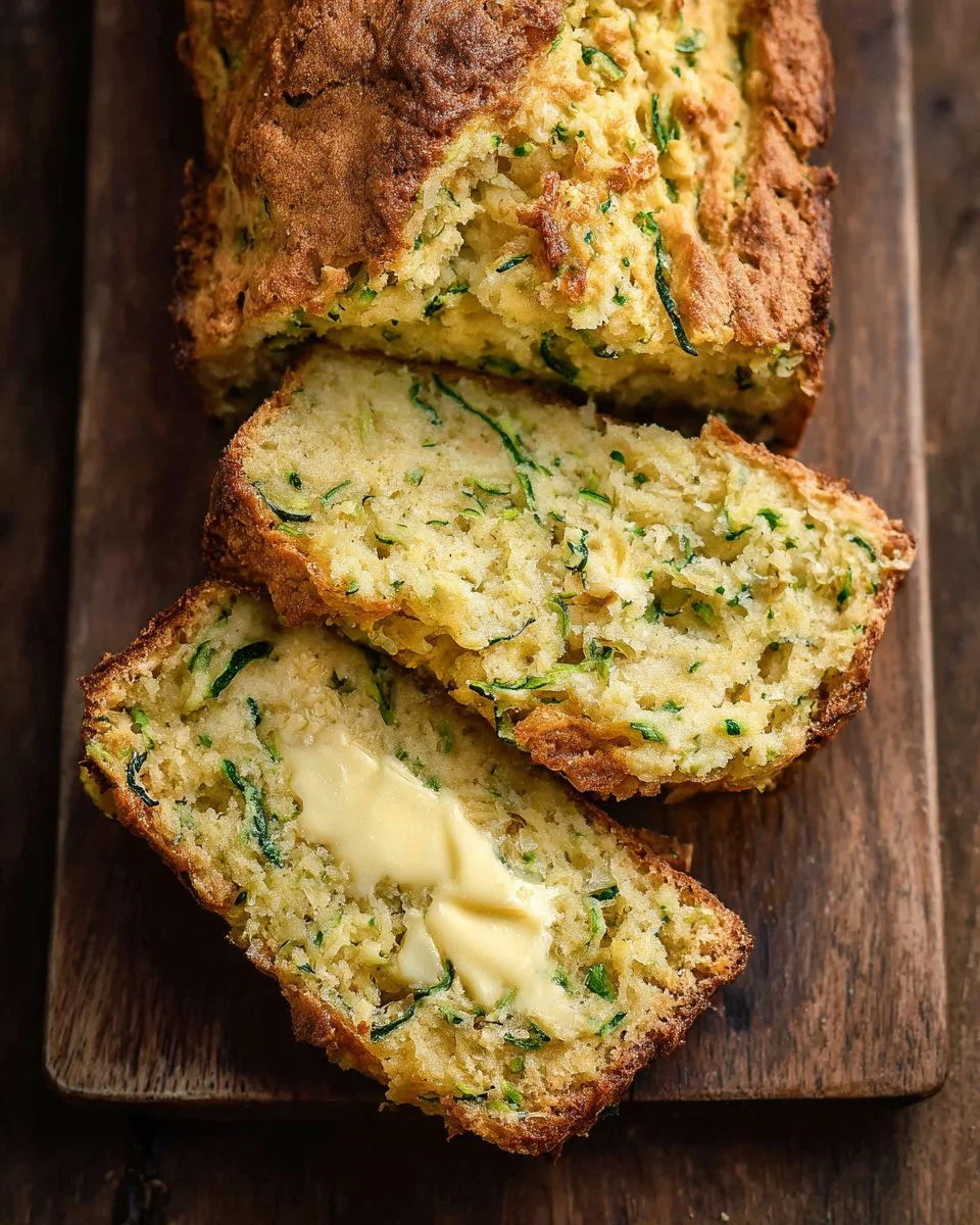 Delicious cheesy zucchini bread loaf on a wooden table