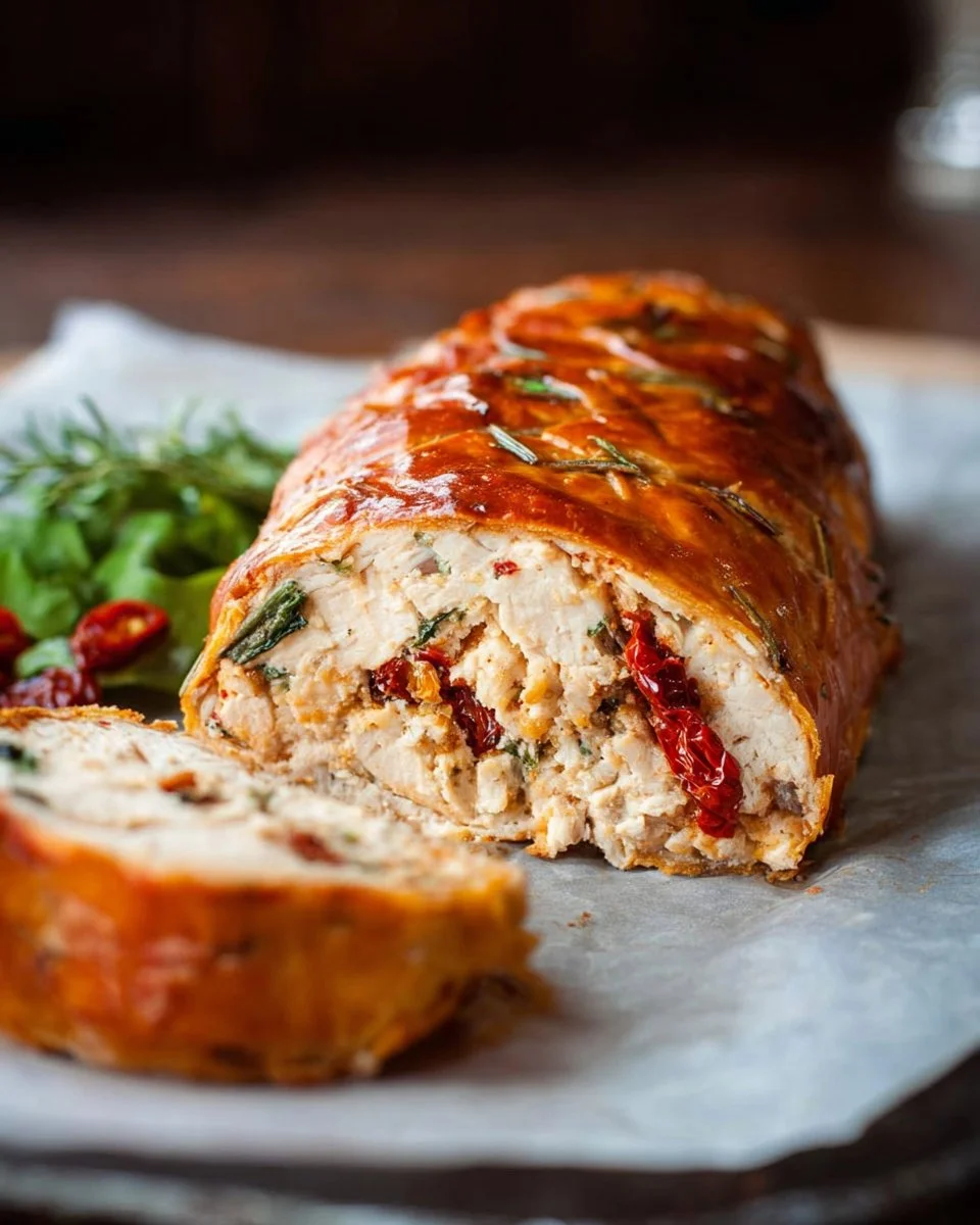 Chicken Meatloaf Wellington with Sun Dried Tomatoes on a plate