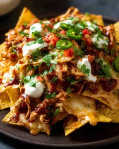 Plate of Chicken Nachos with cheese, chicken, jalapeños, and toppings