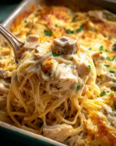 Creamy Chicken Tetrazzini pasta bake with mushrooms and chicken