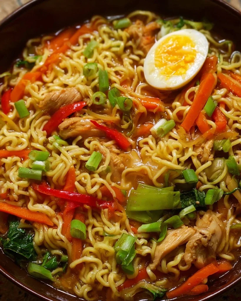 Bowl of Chicken Vegetable Ramen Noodles with fresh vegetables