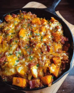 Chili Cheese Potato Skillet topped with melted cheese and jalapeños