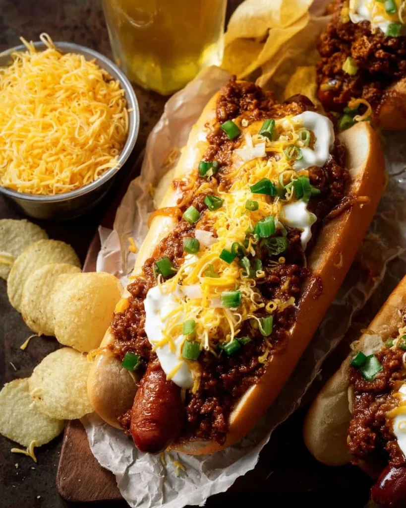 Delicious chili dogs topped with meat and cheese served on a bun