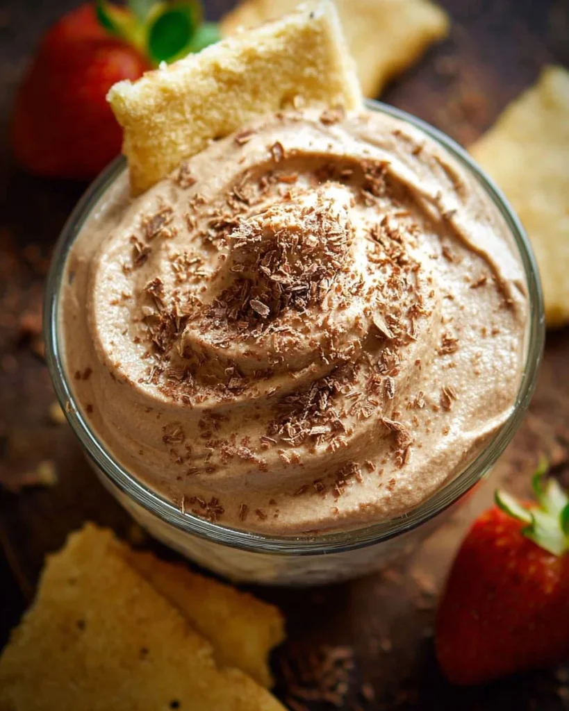 Delicious Chocolate Cheesecake Dip served with fruits and cookies