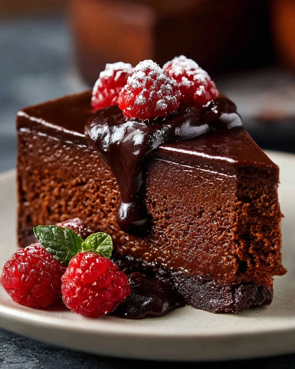 Delicious Chocolate Custard Cake topped with chocolate ganache and fresh berries.
