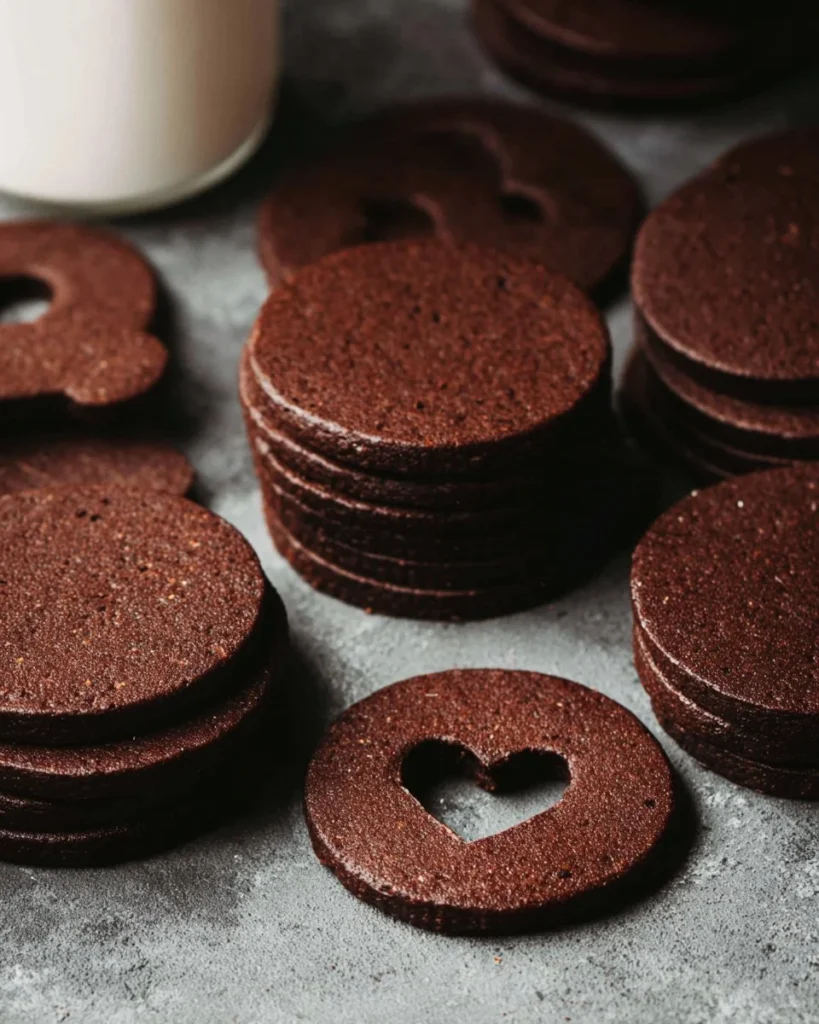 Chocolate cut out cookies arranged on a decorative plate