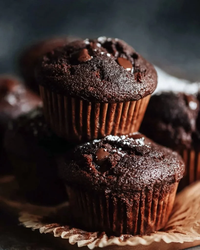 Freshly baked chocolate muffins with rich chocolate chips and a moist texture