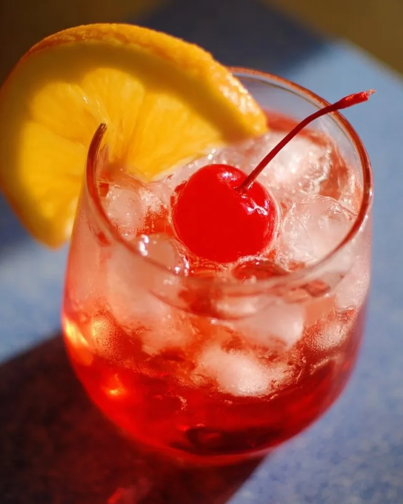 Refreshing classic Shirley Temple drink in a glass with a cherry and orange slice