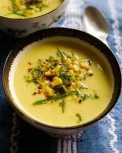 Chilled corn soup served in a bowl with fresh herbs and corn garnish.