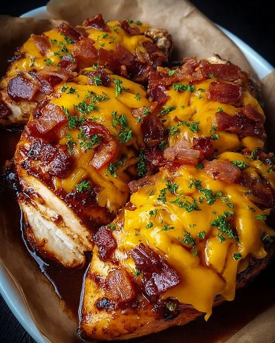 Delicious Cowboy BBQ bacon cheddar chicken garnished and ready to serve.