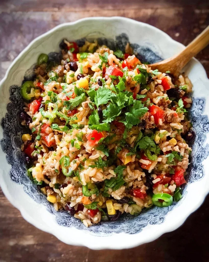 A colorful Cowboy Rice Salad featuring beans, corn, and fresh vegetables.