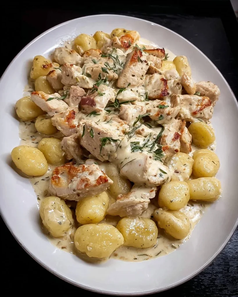 Creamy Chicken Gnocchi bowl garnished with herbs
