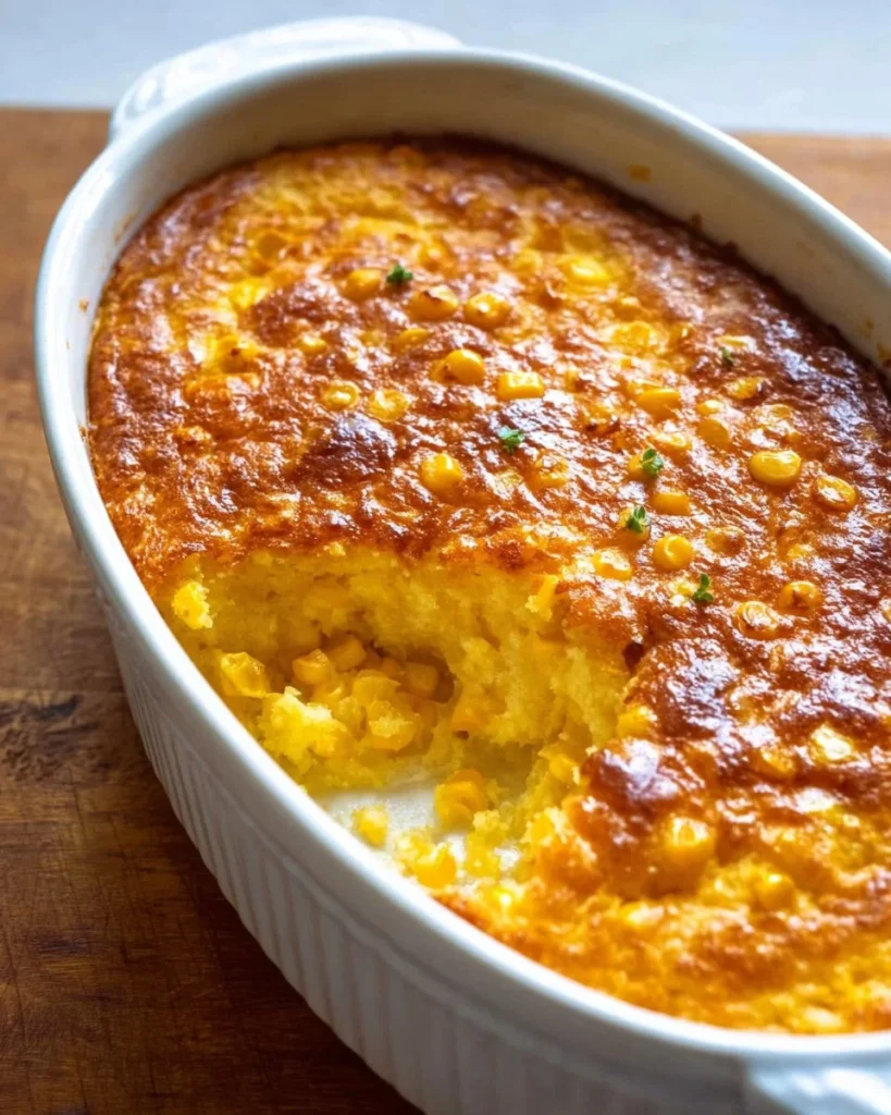 Delicious creamy corn casserole served in a baking dish, ideal for family meals.