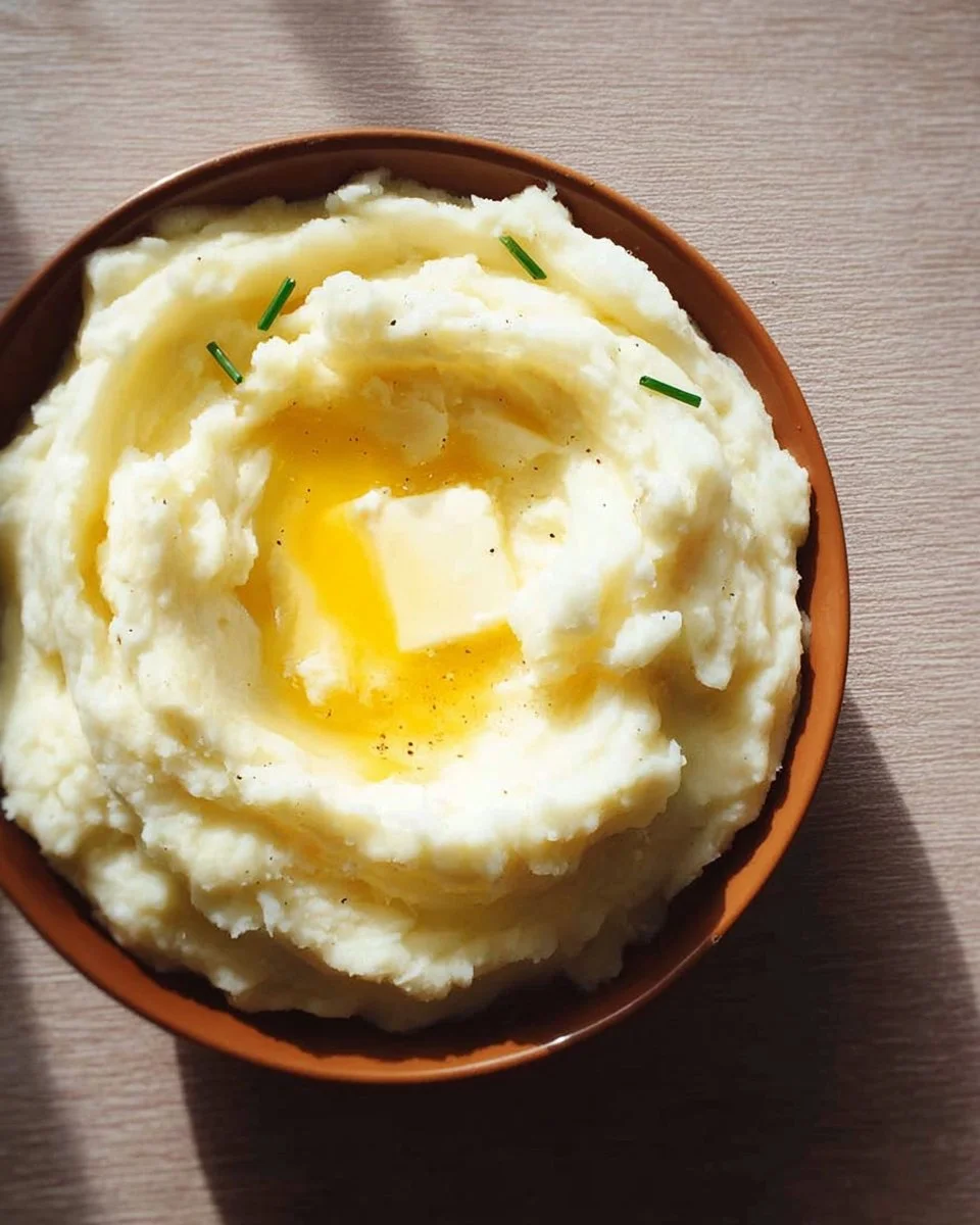 Bowl of creamy mashed potatoes topped with fresh herbs