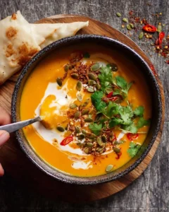 Bowl of creamy Thai Coconut Pumpkin Soup garnished with herbs