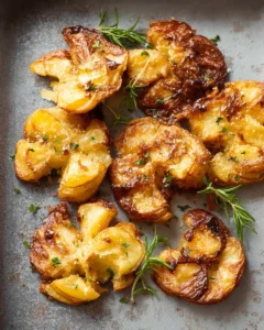 Crispy garlic parmesan brussels sprouts garnished with herbs.