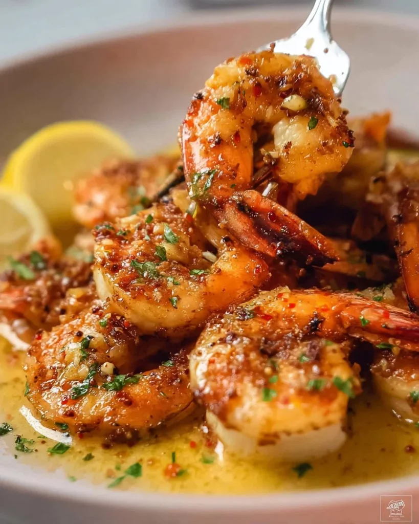 Crispy grilled shrimp with lemon butter sauce on a plate