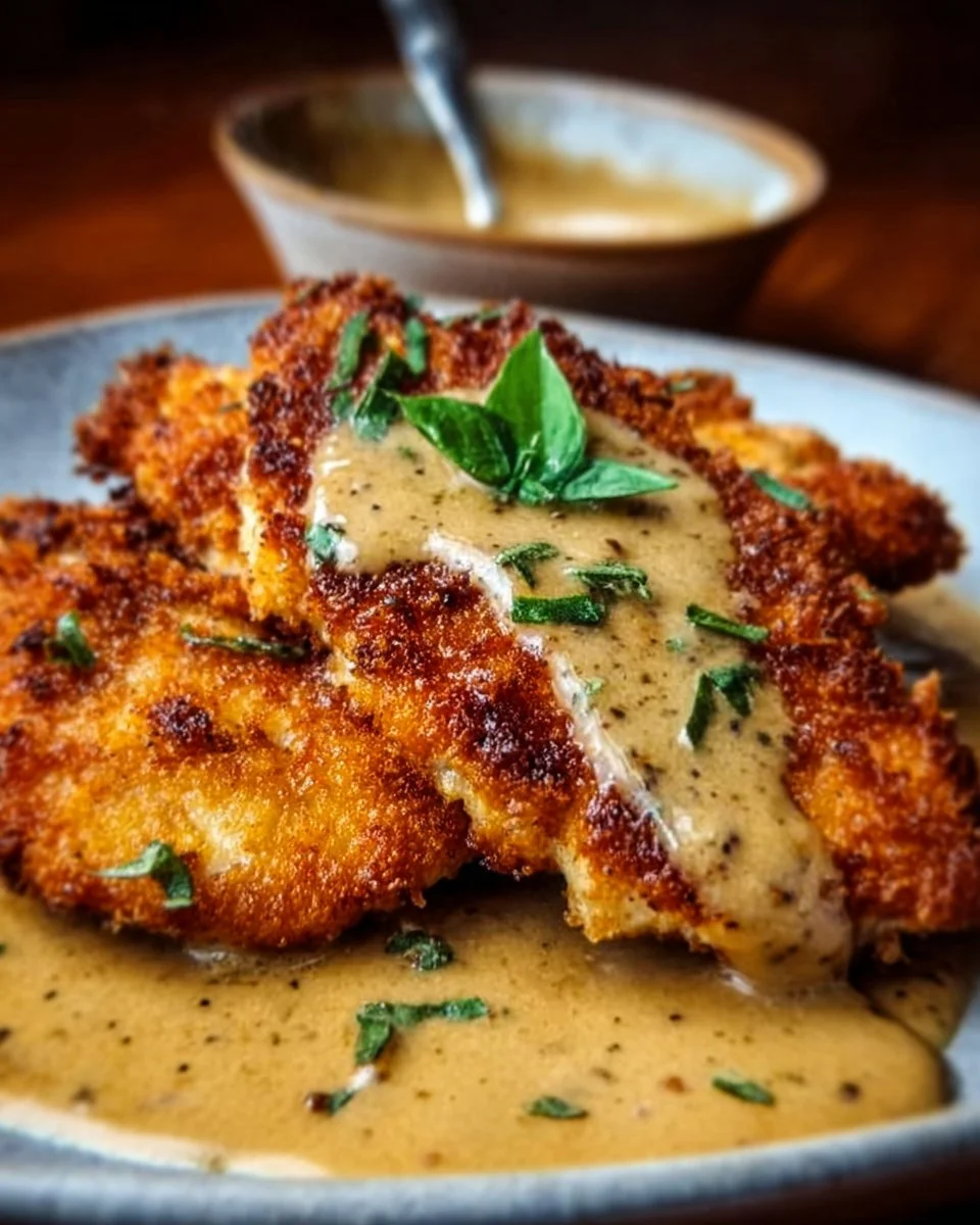 Crispy parmesan chicken served with a rich garlic sauce in a gourmet presentation.