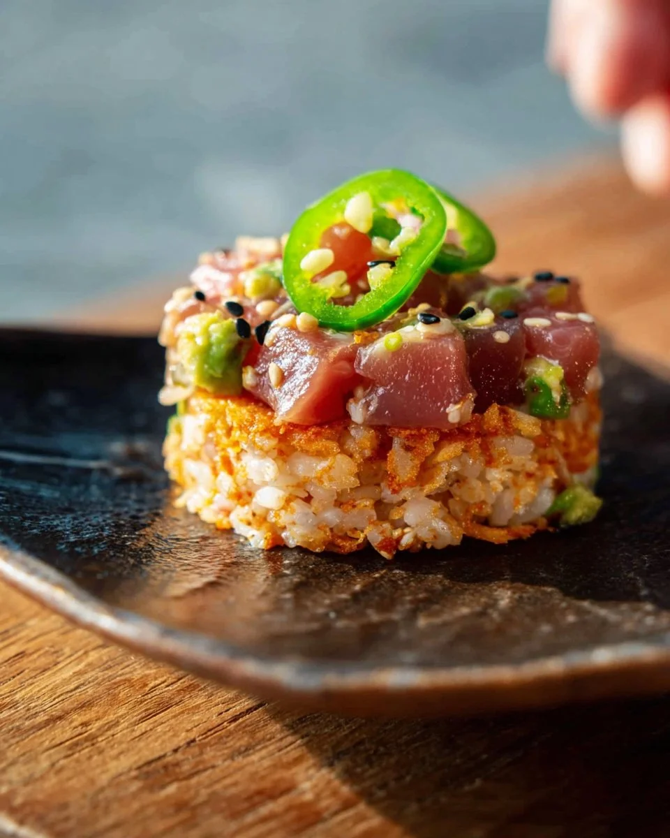 Crispy rice topped with spicy tuna in a gourmet presentation