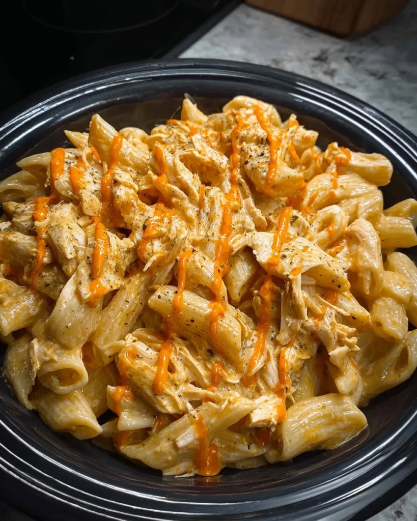 Delicious Crockpot Buffalo Chicken Pasta served in a bowl with herbs