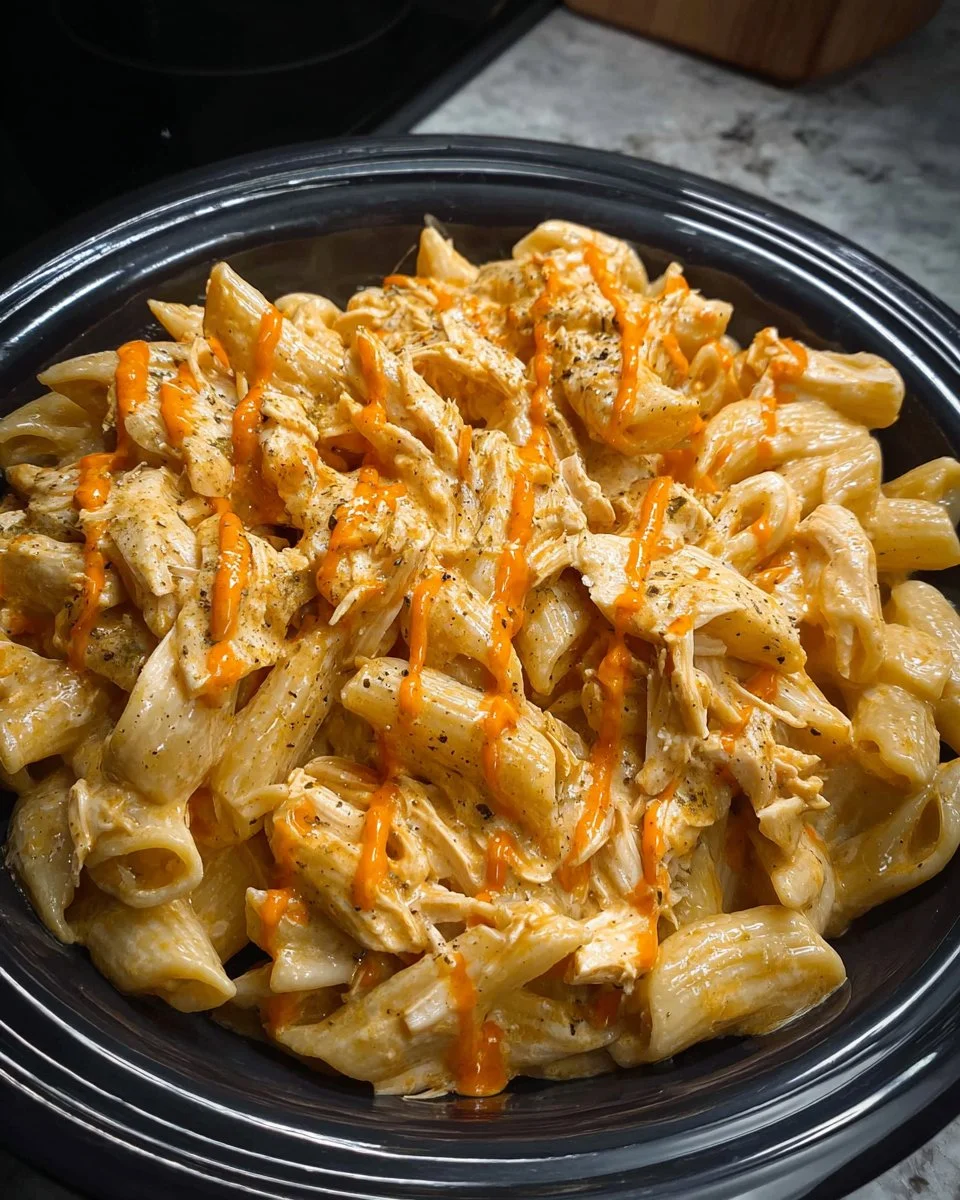 Delicious Crockpot Buffalo Chicken Pasta served in a bowl with herbs