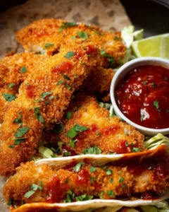 Crunchy baked chicken taco fingers served with dipping sauce