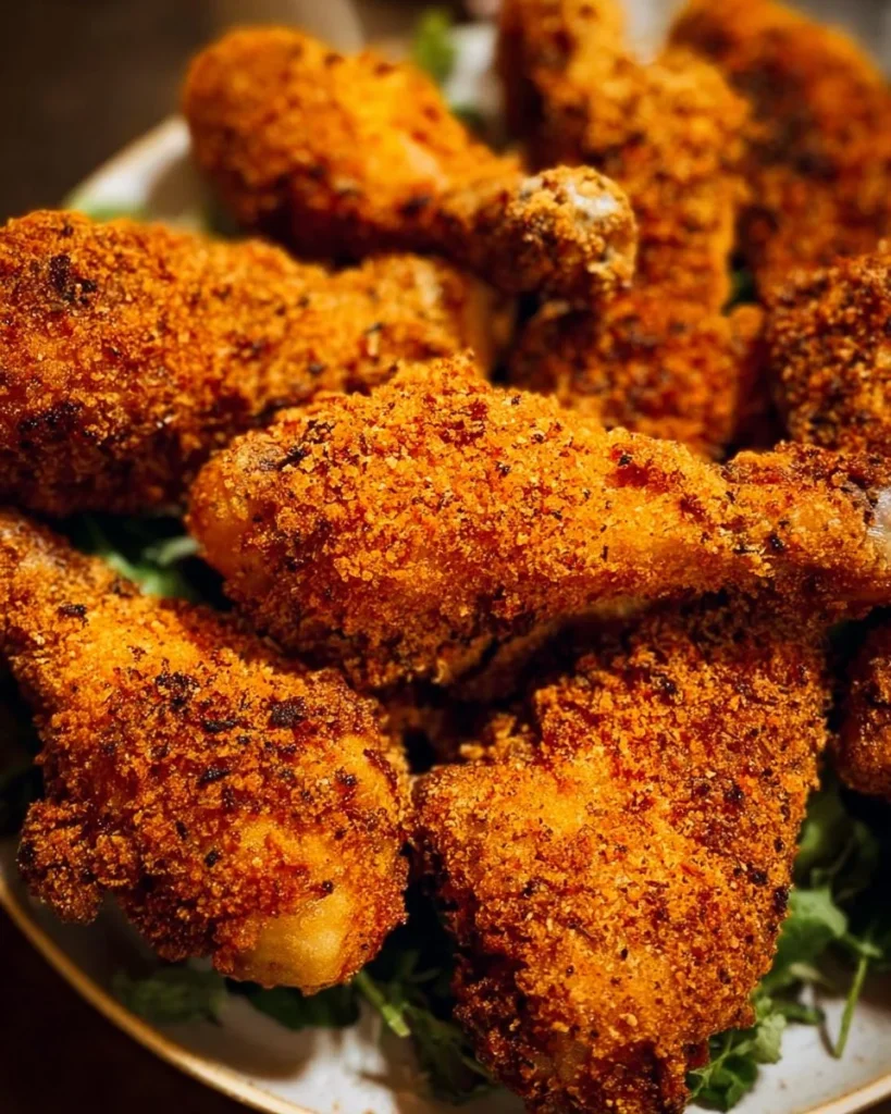 Crunchy crumbed chicken drumsticks served on a plate with dipping sauce.