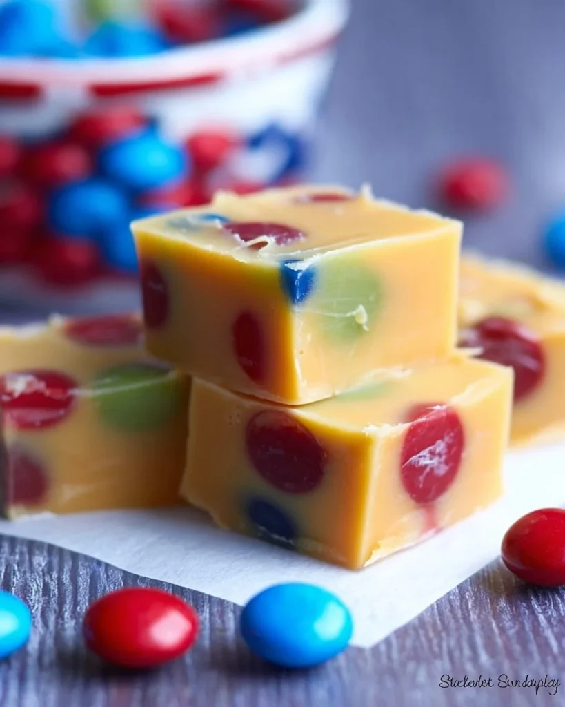 Delicious Skittles fudge displayed on a colorful plate