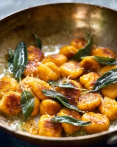 Easy pumpkin gnocchi served with sage butter sauce on a plate