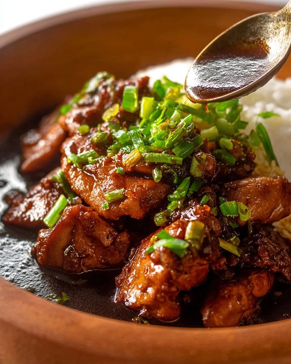 Delicious Filipino Chicken Adobo dish with rich, savory flavors.