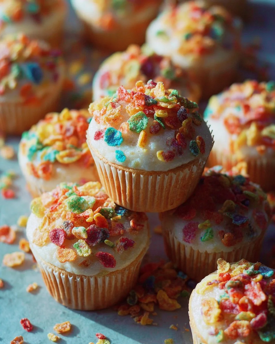 Colorful Fruity Pebble Cupcakes topped with frosting and cereal sprinkles