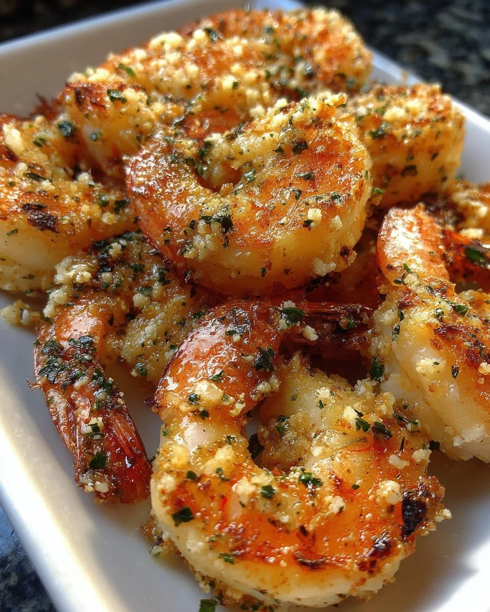Plate of garlic parmesan roasted shrimp garnished with herbs