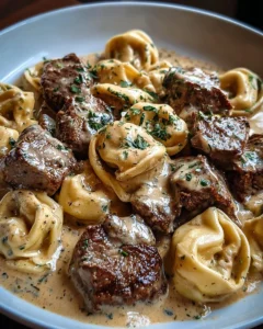 Garlic Steak Tortellini in Parmesan Cream Sauce