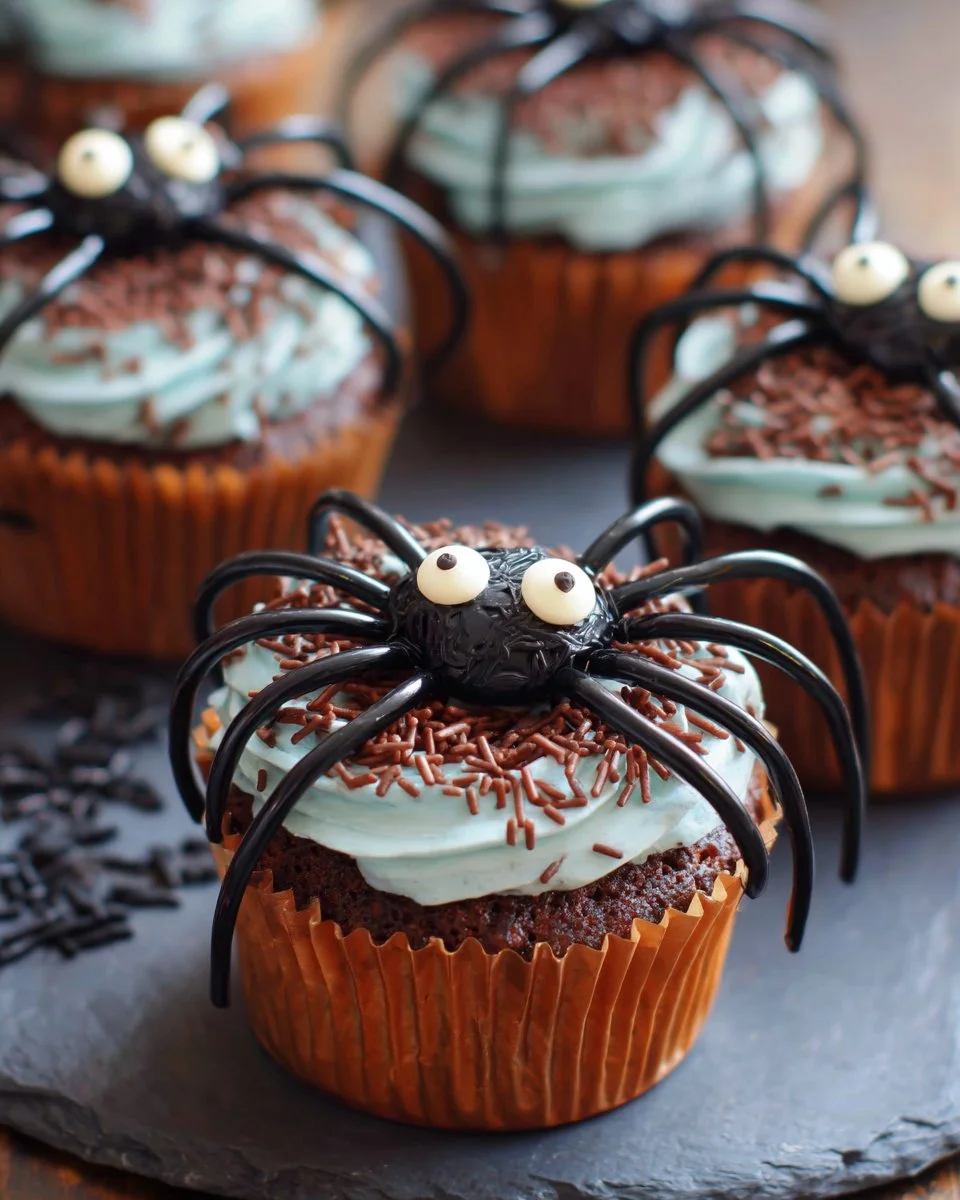 Halloween spider cupcakes decorated with chocolate and candy