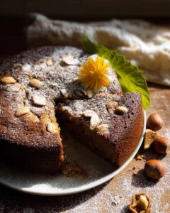 Gluten-free Hazelnut Olive Oil Cake with a slice on a decorative plate