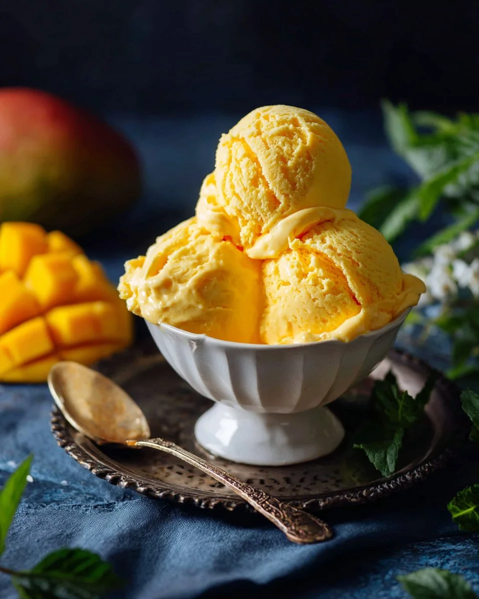 Delicious homemade mango ice cream served in a bowl with fresh mango slices.