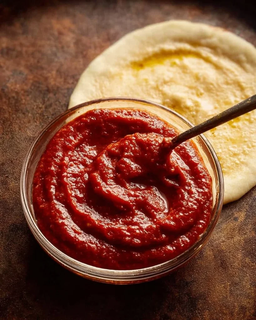 Homemade pizza sauce recipe with fresh ingredients and vibrant colors.