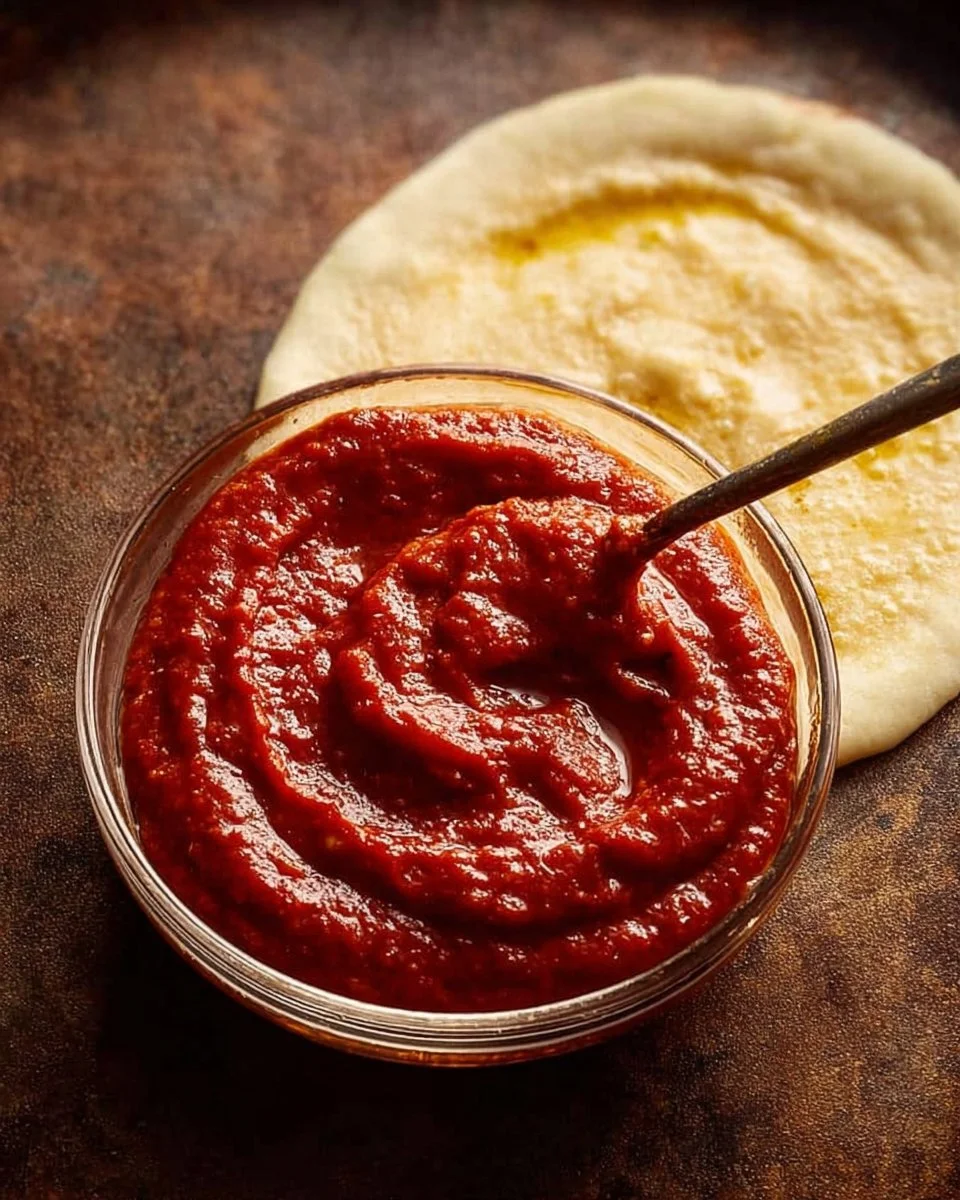 Homemade pizza sauce recipe with fresh ingredients and vibrant colors.