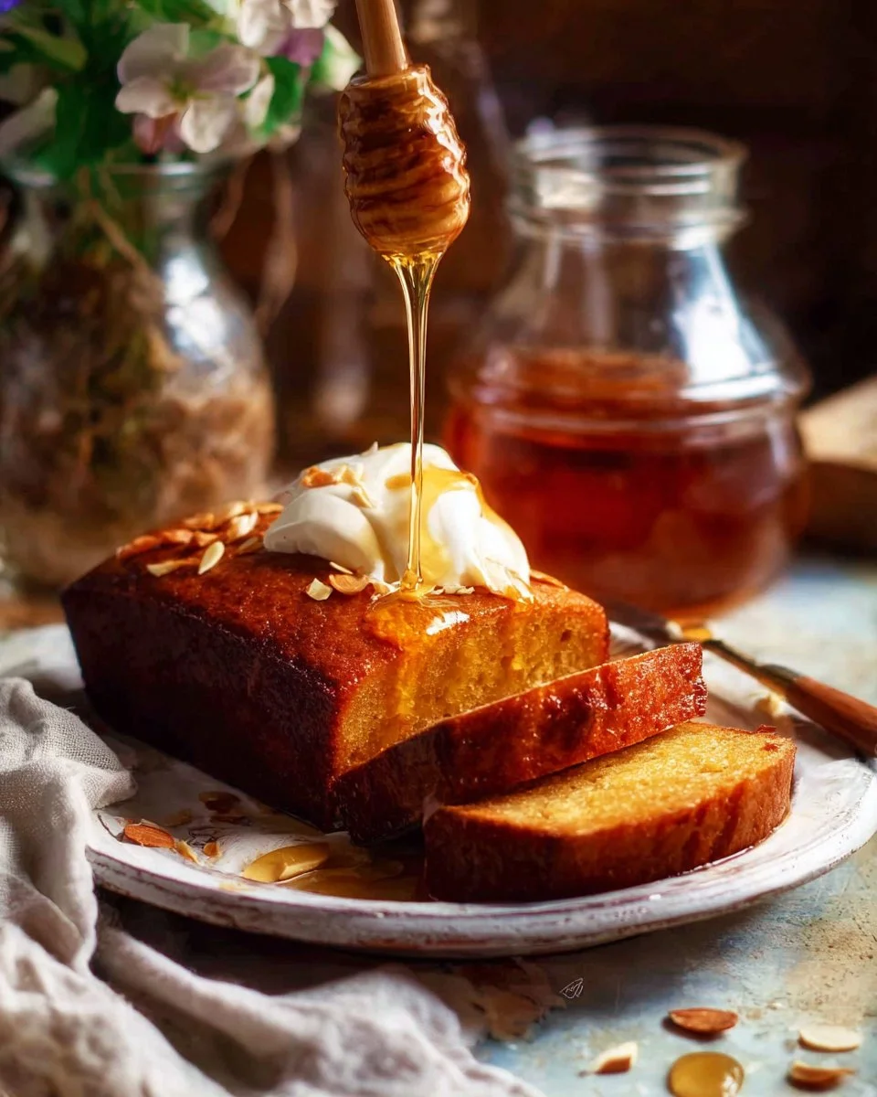 Delicious homemade honey cake topped with fresh honey drizzles.