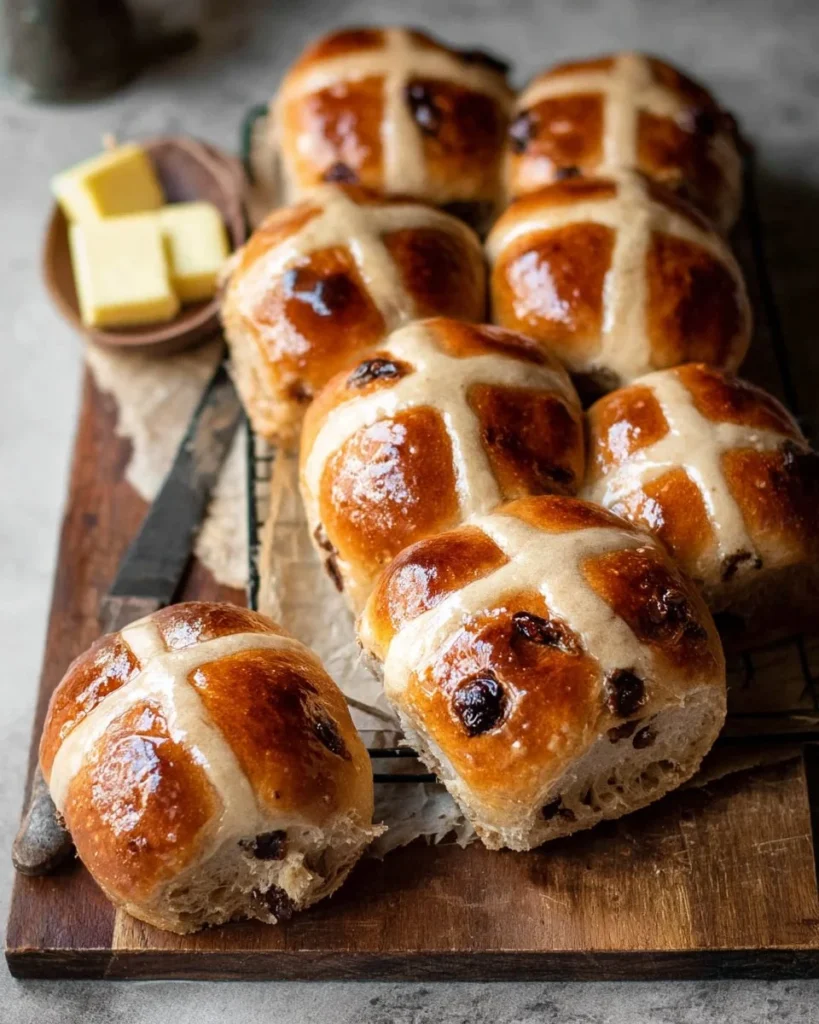 Freshly baked Hot Cross Buns topped with a sweet glaze and spices
