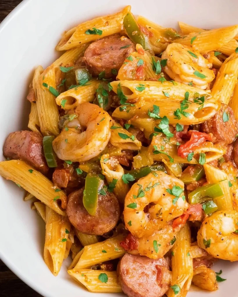 Delicious plate of jambalaya pasta with shrimp, sausage, and vegetables