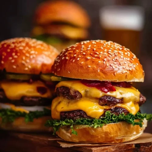 Juicy Cheeseburgers with Toasted Buns and Gherkins