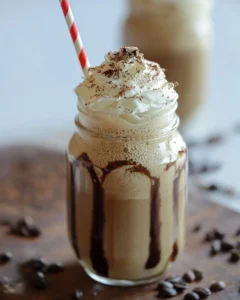 Delicious Kahlua Mocha Milkshake topped with whipped cream and chocolate drizzle