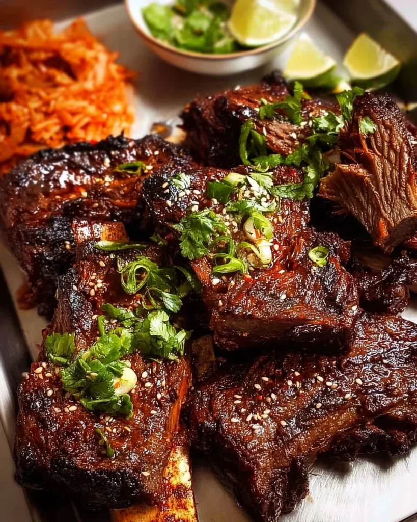 Korean BBQ marinated beef short ribs on a grill, showcasing rich flavors and tenderness.