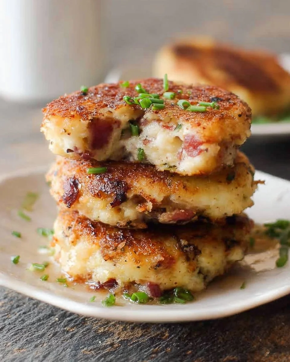 Delicious leftover mashed potato cheese and bacon cakes served on a plate.