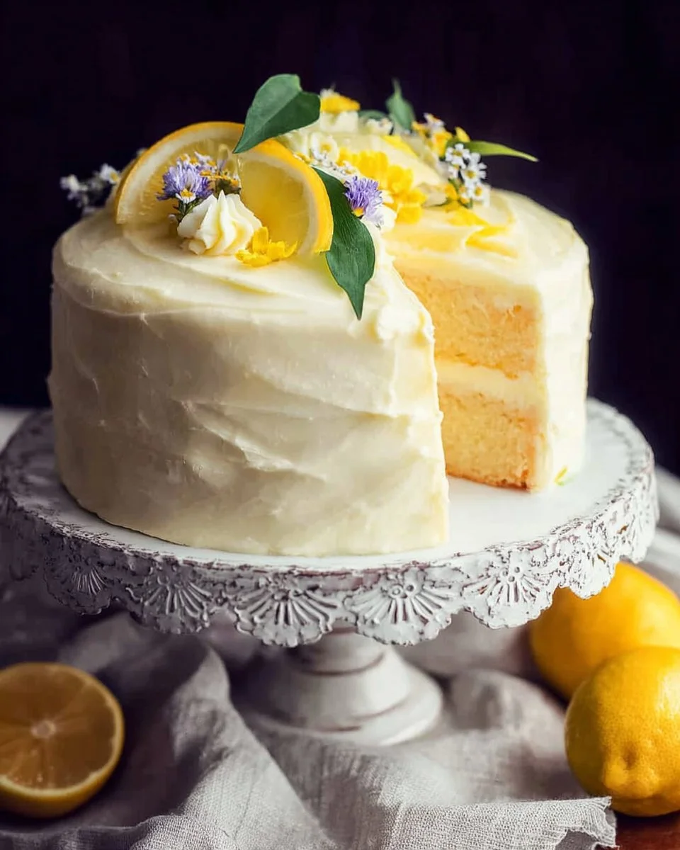 Delicious Lemon Cake with fluffy lemon frosting on a white plate