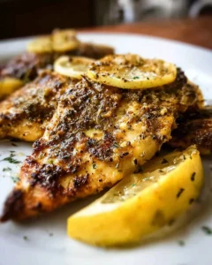 Delicious lemon pepper chicken served on a plate with fresh herbs.